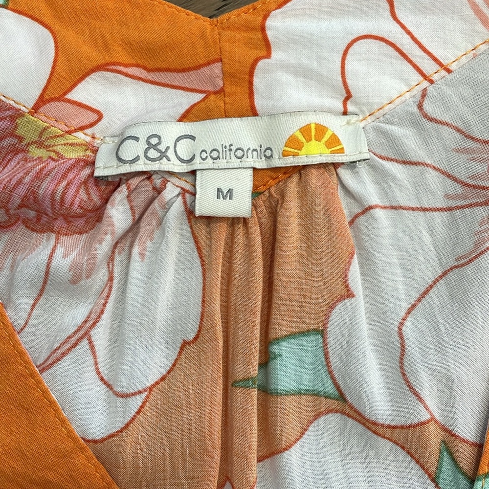 C&C California Orange Pink Floral V-Neck Tunic Blouse Elbow Length Sleeve Medium - Picture 6 of 8